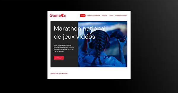 Page complète du site web de GameOn